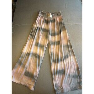 Bronzin Women's Pink/Gray Tie-Dye Wide-Leg High Rise Smocked Rayon Pants M